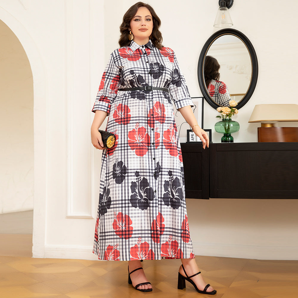Elegant Style Lapel Flowers Plaid Belt Rolled Cuffs Plus Size Dresses Plaid