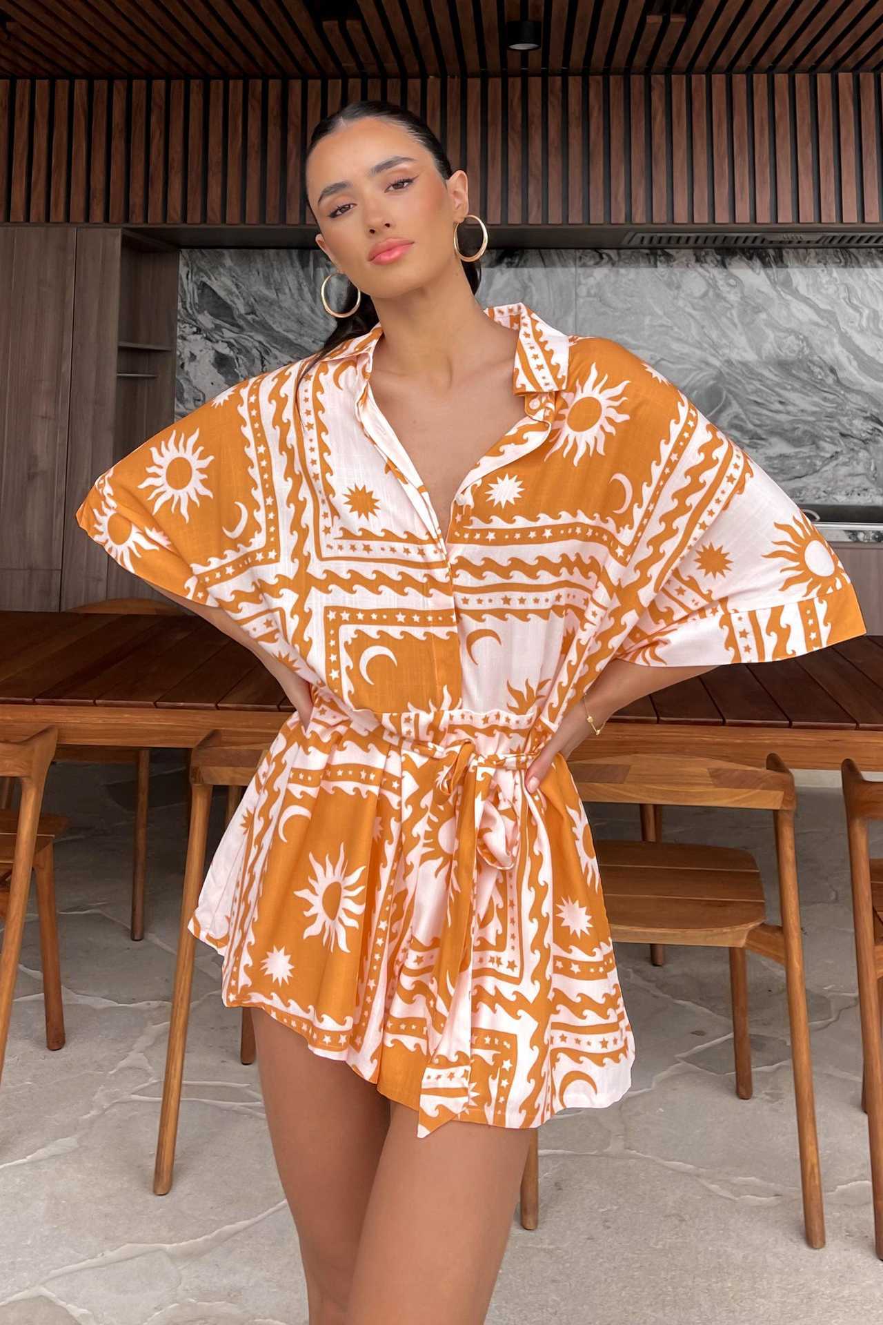 Women's Printed Lace Up Waist-tight Cardigan 5-point Sleeve One-piece Shorts