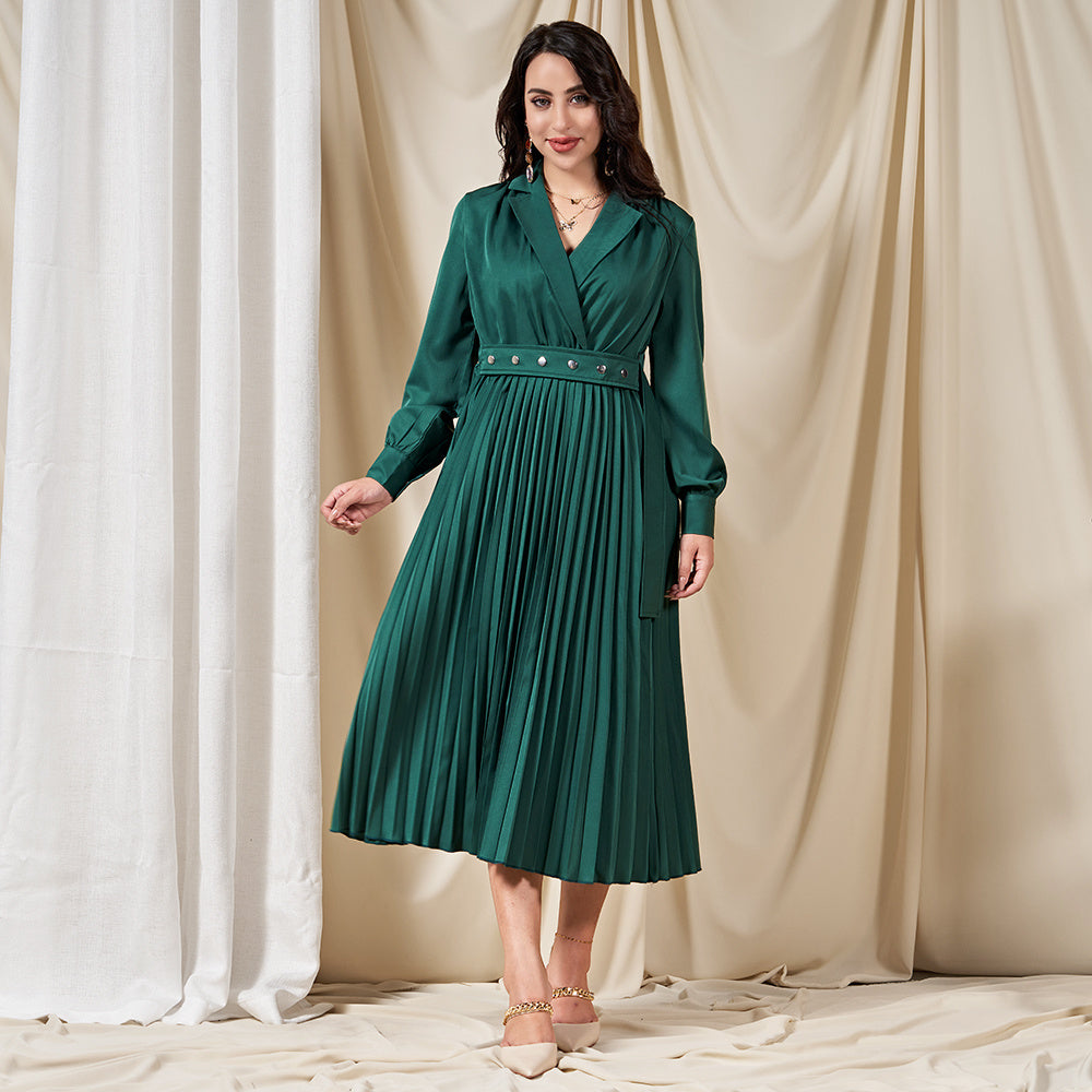 Dignified Style Suit Collar Solid Color Pleated Buttons Shirt Sleeve Mid Dresses