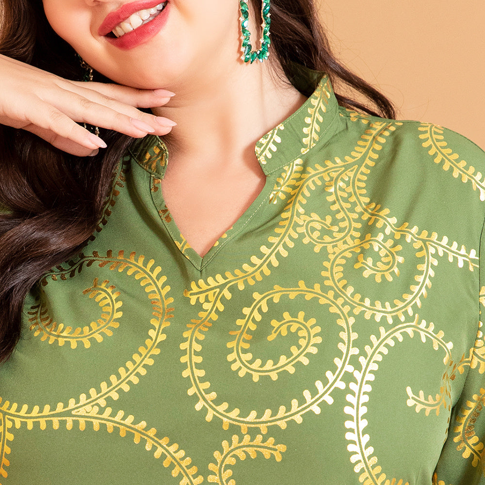Elegant Style V-neck Plant Gilding Splicing Flared Sleeve Plus Size Dresses Green
