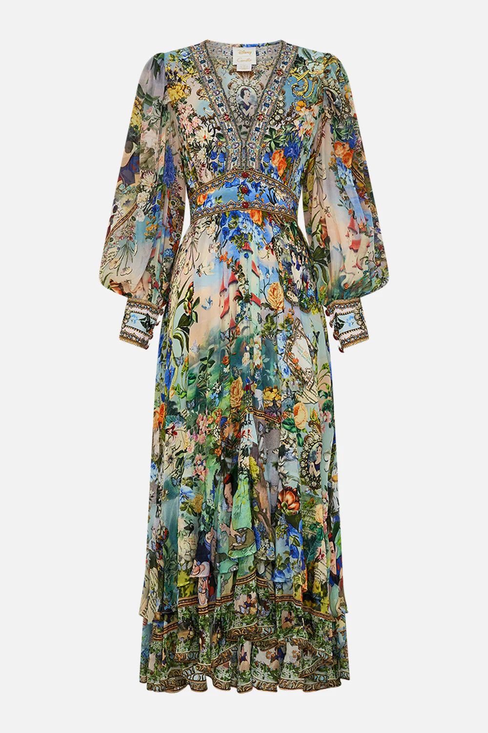 Printed V-neck Long-sleeved Bubble Sleeve Waist Women's Clothing Dress
