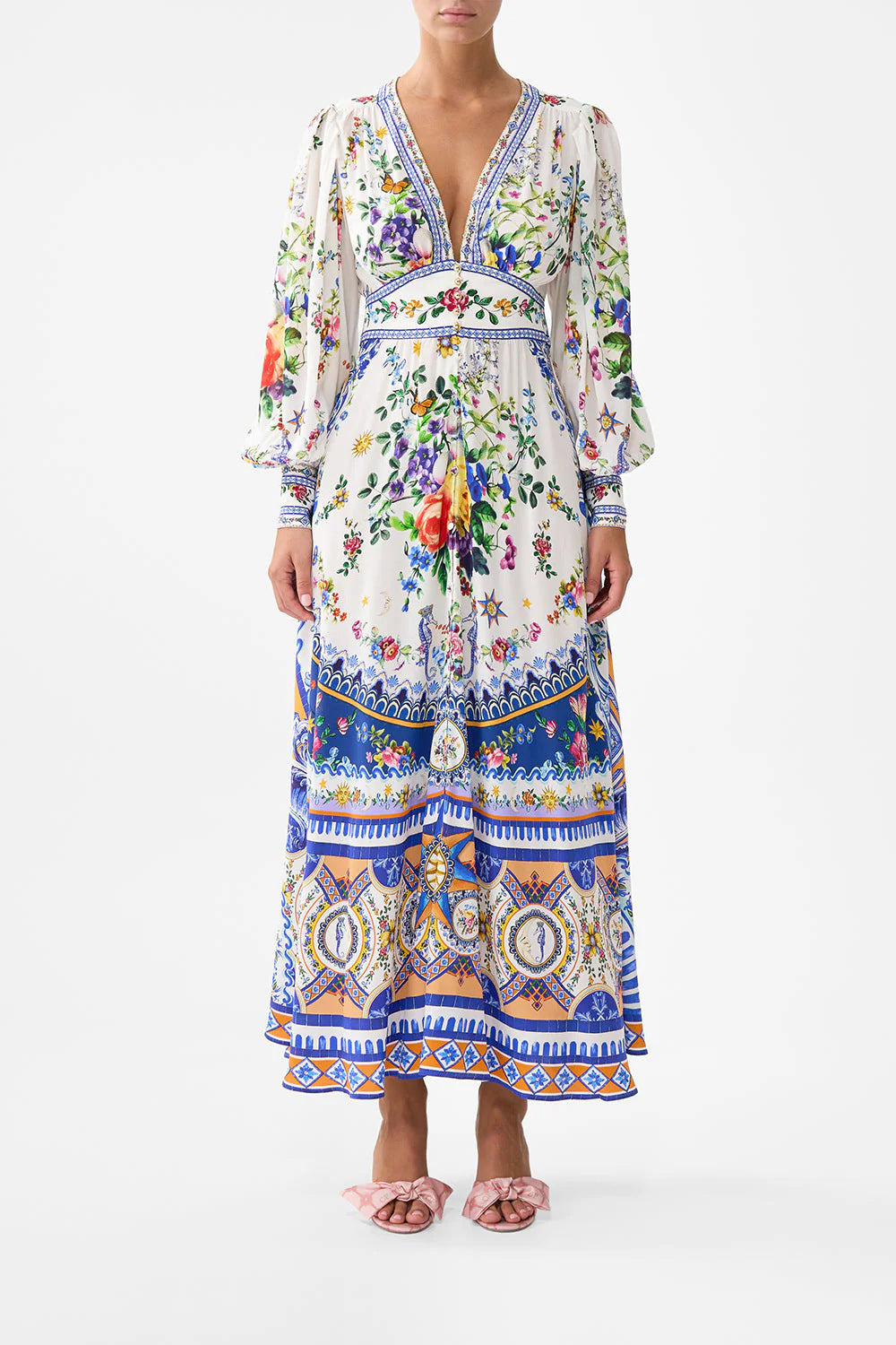 Printed V-neck Long-sleeved Bubble Sleeve Waist Women's Clothing Dress