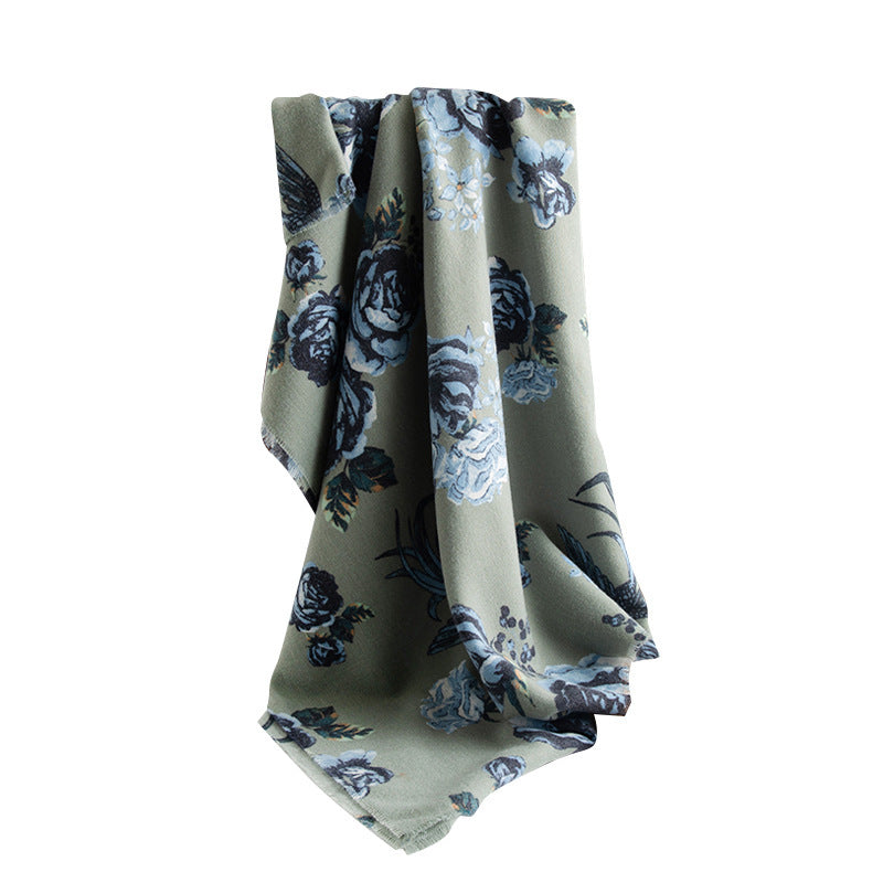 Cashmere-like Tassel Shawl Rose Print Cold-proof Warm Scarf