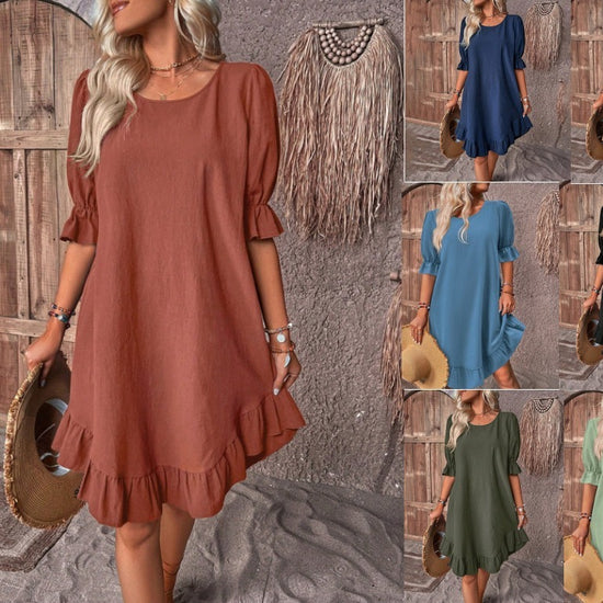 Spring And Summer Vintage Cotton And Linen Mid Sleeved Round Neck Solid Color Loose Dress