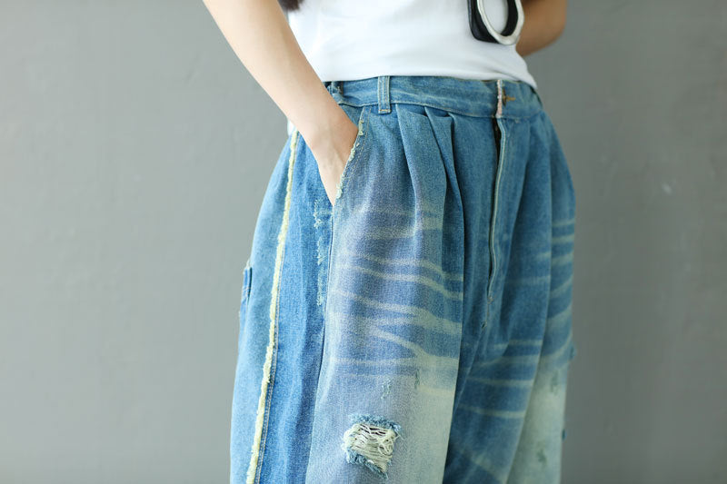 Make Old Ripped Tassel Elastic Waist Jeans