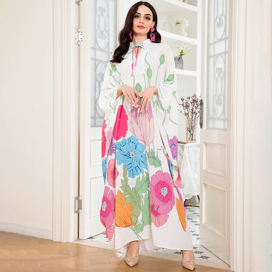 Holiday Style Sweet Round Neck Flowers Plant Raglan Sleeve Long Dresses White