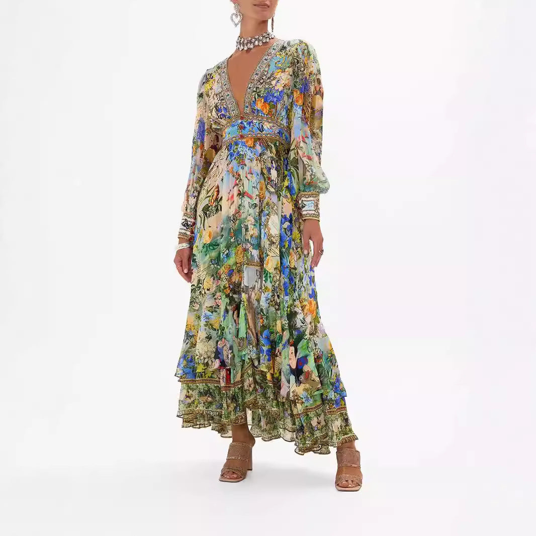 Printed V-neck Long-sleeved Bubble Sleeve Waist Women's Clothing Dress