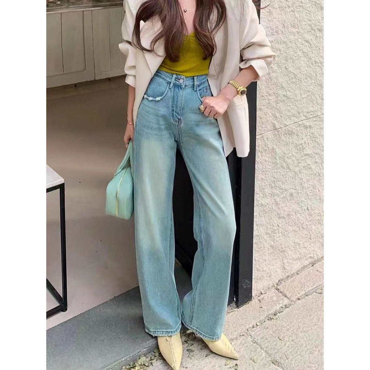 Ripped Narrow Version Wide-leg Loose Drape Mopping Pants Hot Girl High Waist Women's Straight Denim Trousers