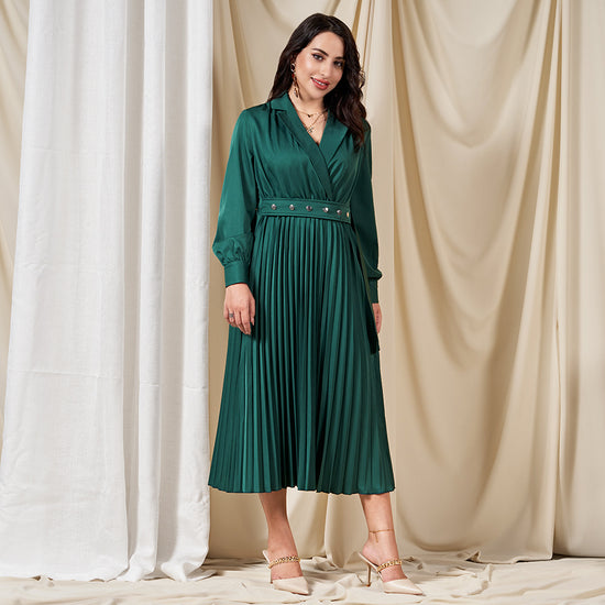 Dignified Style Suit Collar Solid Color Pleated Buttons Shirt Sleeve Mid Dresses