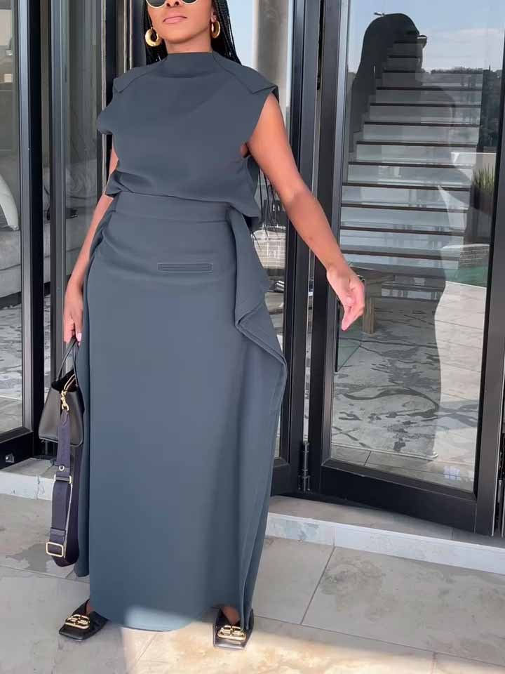 Sleeveless Cropped Top & Slit Skirt Set