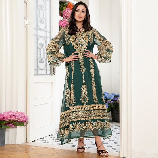 Celebrity Style Elegant Style V-neck Jacquard Flowers Luster Embroidery Applique Flared Sleeve Kaftan