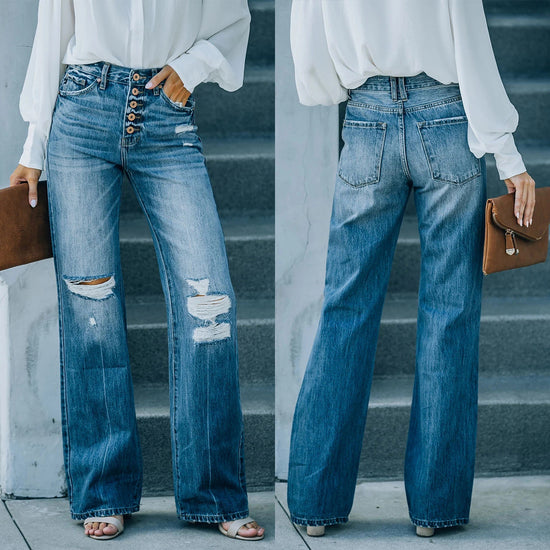 Street Trendsetter Washes Broken Hole Single Breasted Jeans Wide Leg Pants