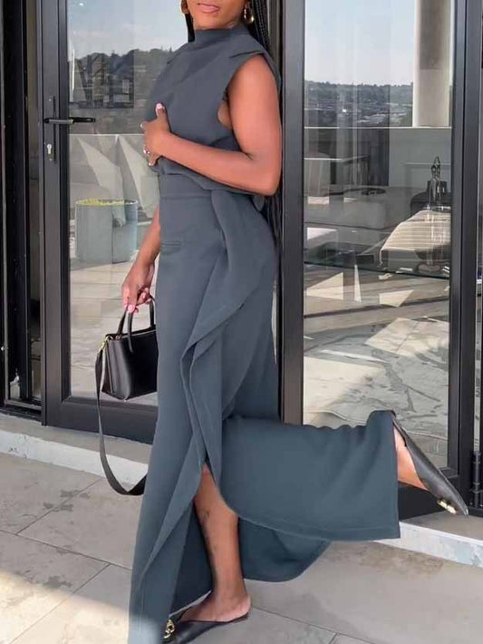 Sleeveless Cropped Top & Slit Skirt Set