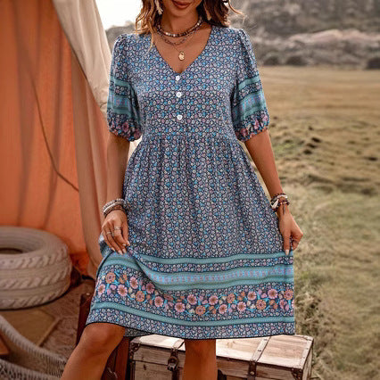 Flower Print Puff Sleeve Button Bohemian Style Dress