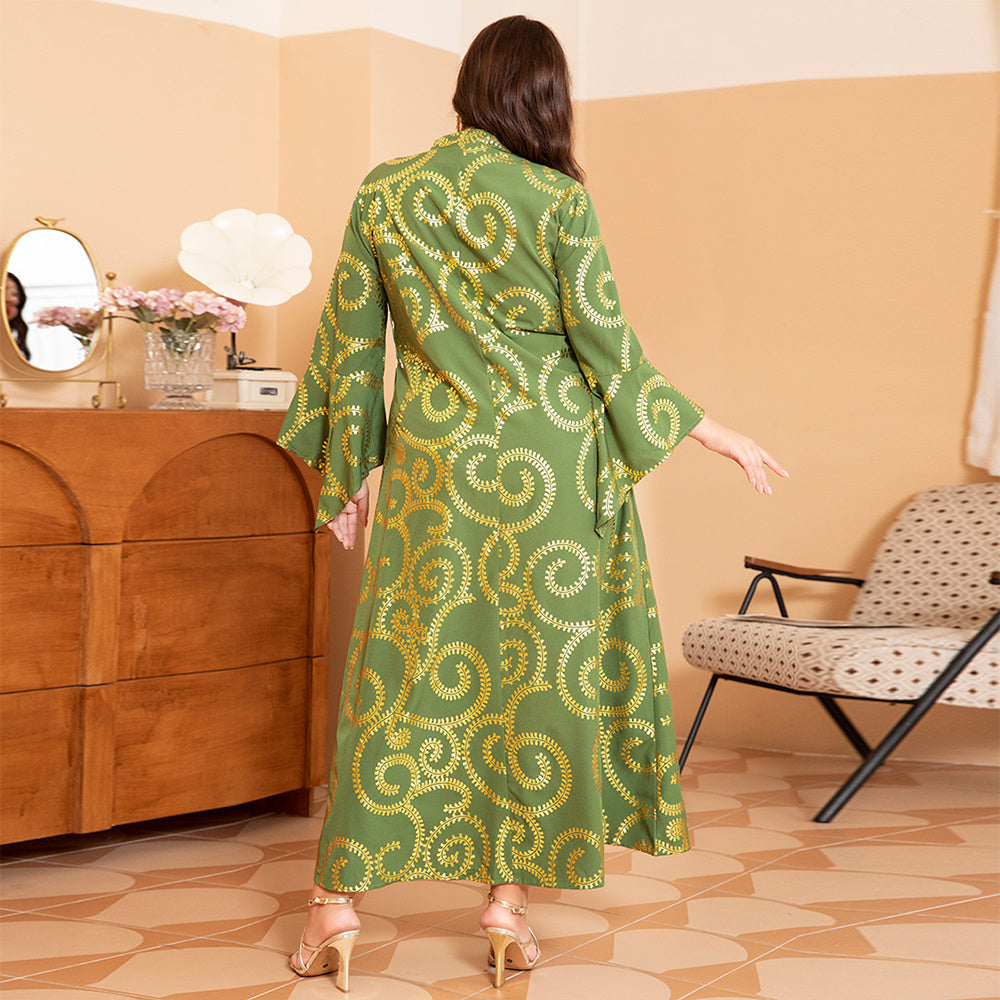 Elegant Style V-neck Plant Gilding Splicing Flared Sleeve Plus Size Dresses Green