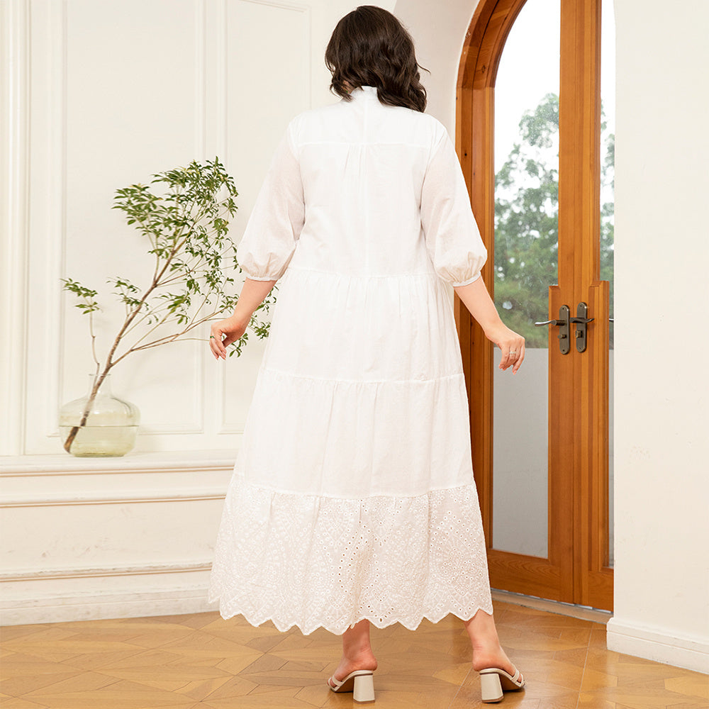 Elegant Style High Collar Solid Color Embroidery Splicing Lantern Sleeve Plus Size Dresses White