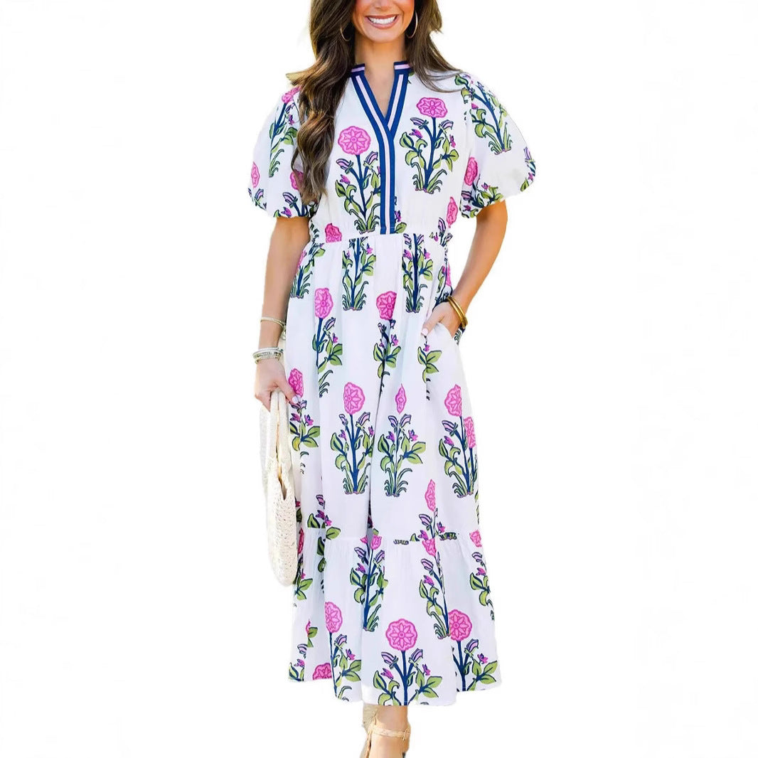 Women's V-neck Flower Print Dress