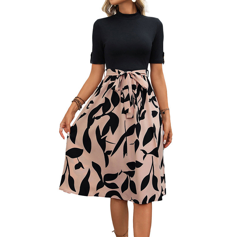 Printed AB Stitching Short Sleeve Lace-up A- Line Skirt