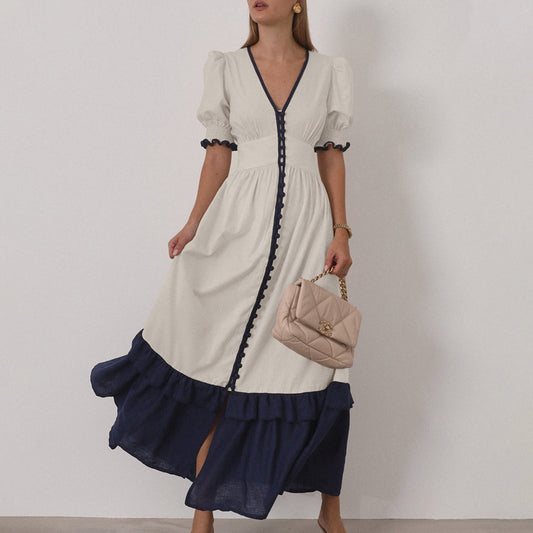 Linen Contrast Color Cardigan Dress