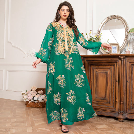 Charming Banquet Style Round Neck Printing Embroidery Regular Sleeve Kaftan