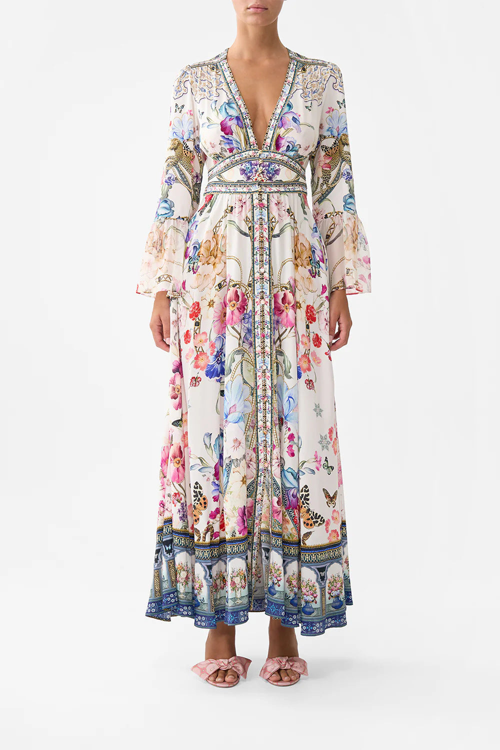 Printed V-neck Long-sleeved Bubble Sleeve Waist Women's Clothing Dress