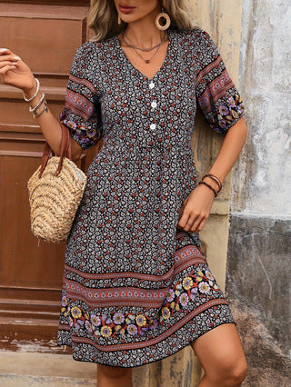 Flower Print Puff Sleeve Button Bohemian Style Dress