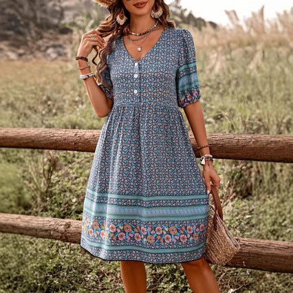 Flower Print Puff Sleeve Button Bohemian Style Dress