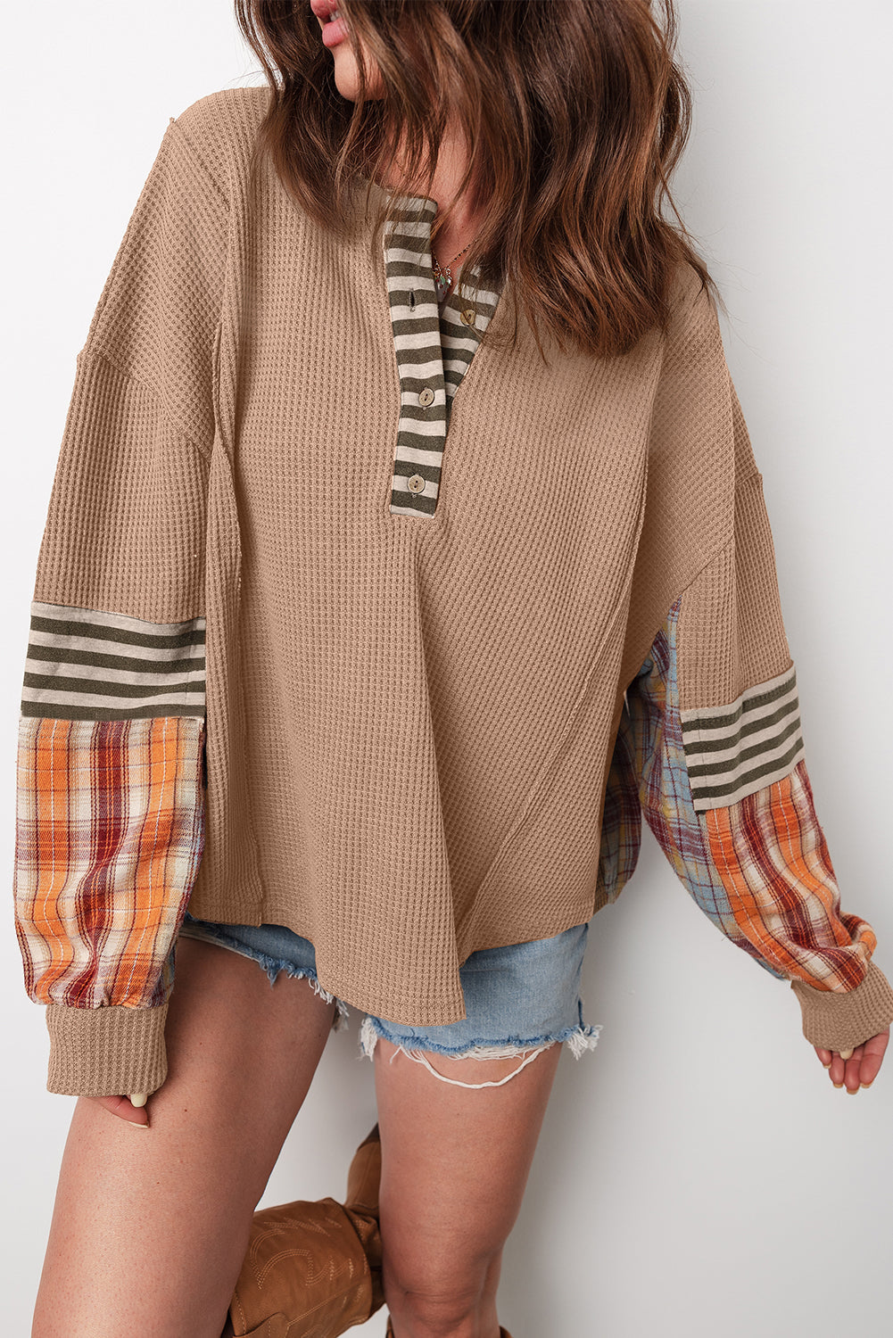 Aaliyah Waffle Stripe Plaid Patchwork Henley Knit Top-0