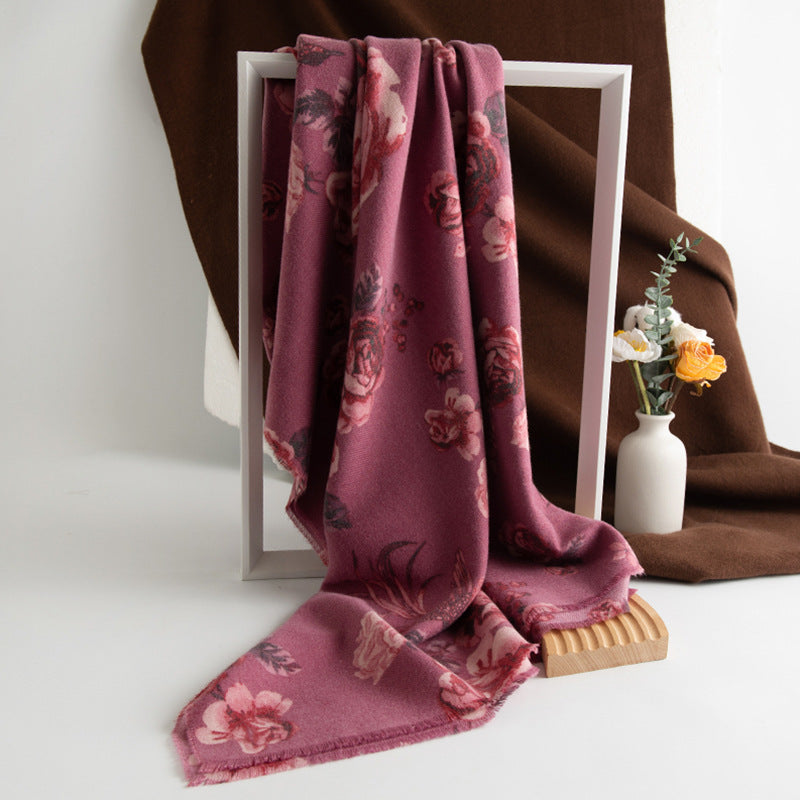 Cashmere-like Tassel Shawl Rose Print Cold-proof Warm Scarf