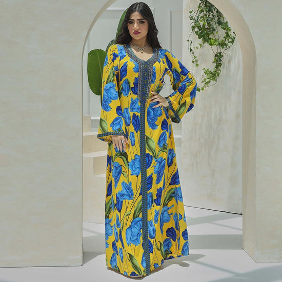 Elegant Style Sweet V-neck Color Contrast Printing Ribbon Flared Sleeve Kaftan