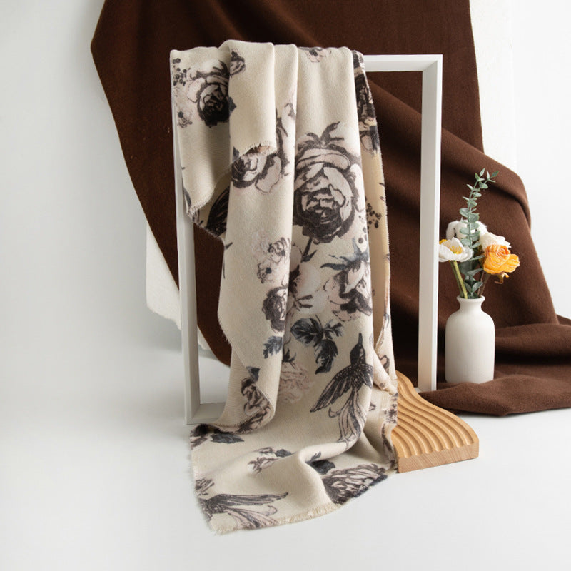 Cashmere-like Tassel Shawl Rose Print Cold-proof Warm Scarf