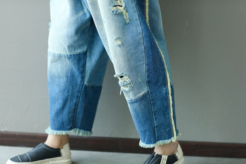 Make Old Ripped Tassel Elastic Waist Jeans