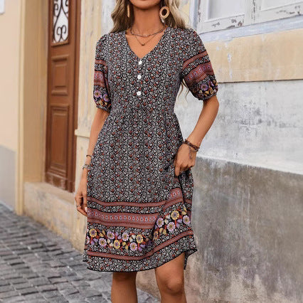 Flower Print Puff Sleeve Button Bohemian Style Dress