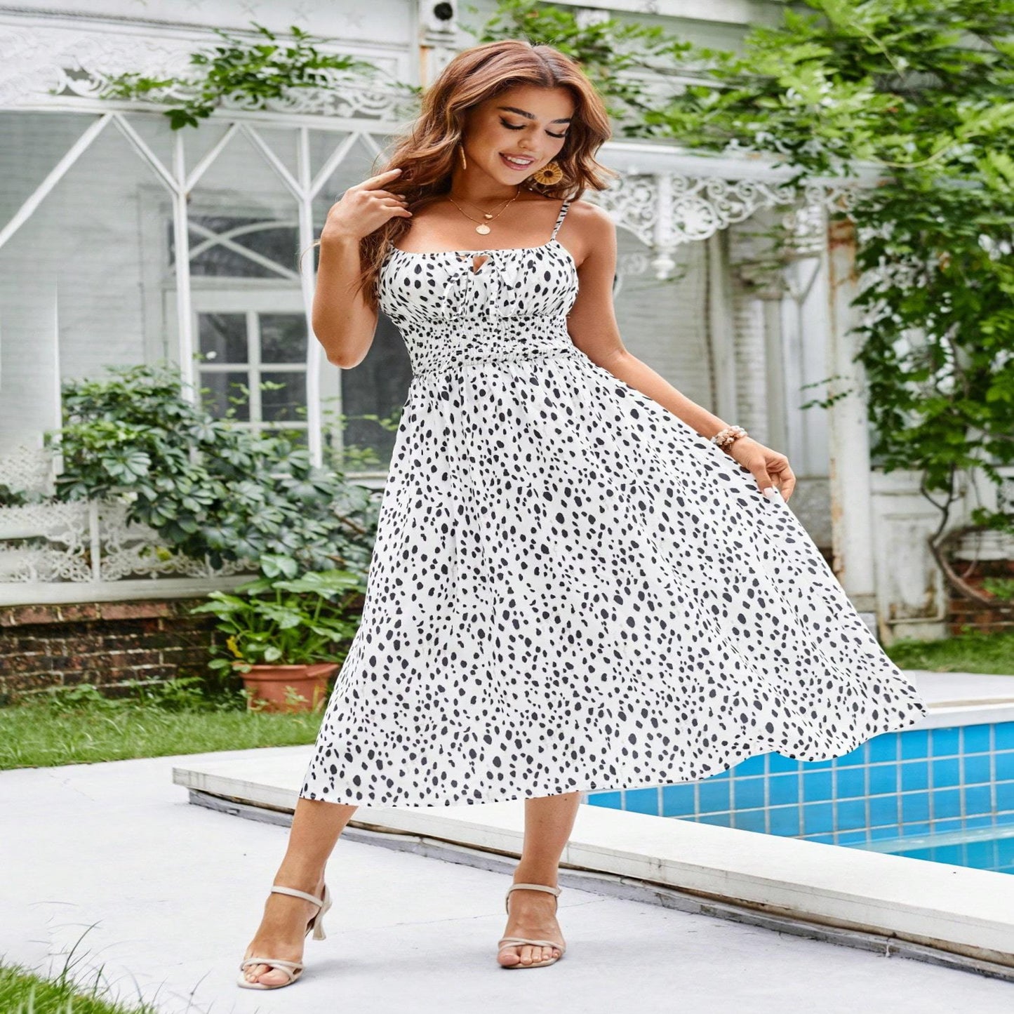 Women's Summer Dress With Gathered High Waist, Front Tie Belt, Dotted Pattern And Thin Straps