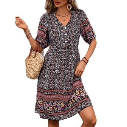 Flower Print Puff Sleeve Button Bohemian Style Dress
