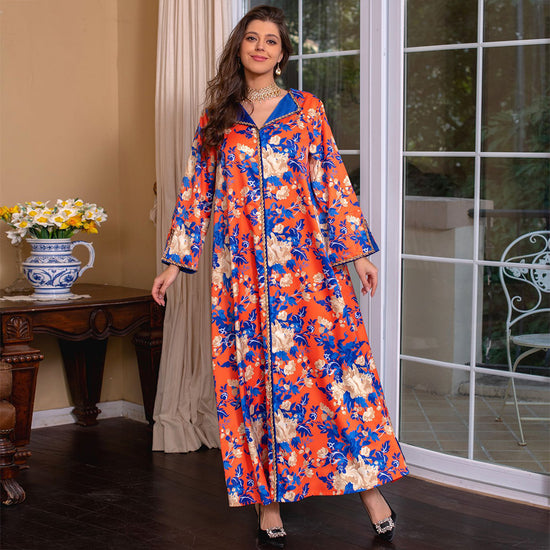 Sweet V-neck Color Contrast Printing Ribbon Splicing Rhinestone Flared Sleeve Kaftan Orange