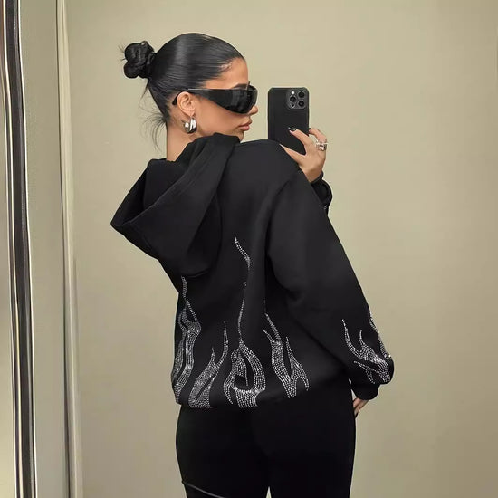 Street Trend Flame Rhinestone Loose Zip Hooded Sweater
