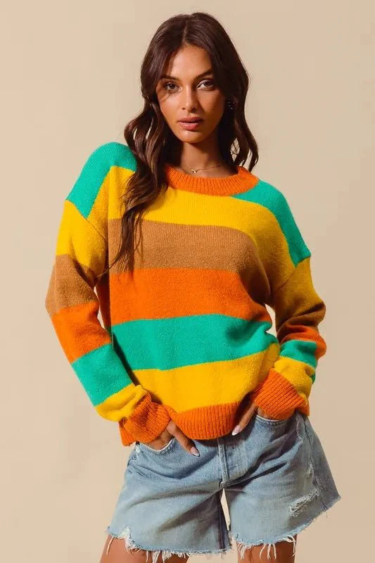 SO ME Multi Color Stripe Sweater with Ribbed Detail-0