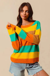 SO ME Multi Color Stripe Sweater with Ribbed Detail-3