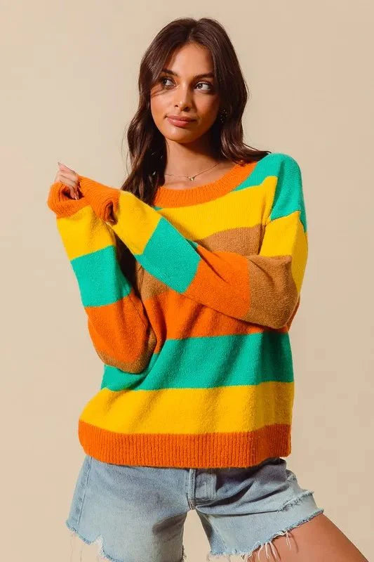 SO ME Multi Color Stripe Sweater with Ribbed Detail-3