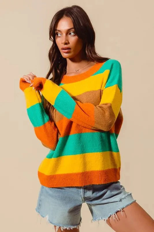 SO ME Multi Color Stripe Sweater with Ribbed Detail-2